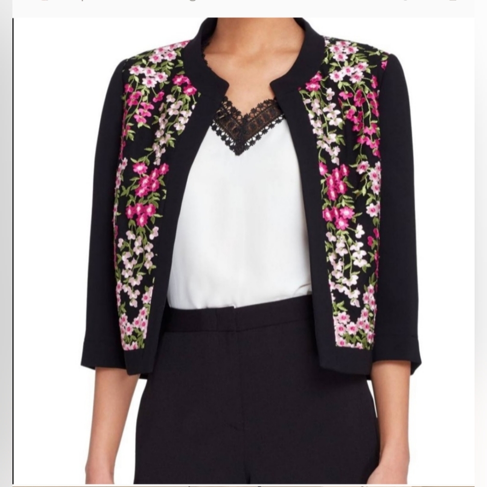 Tahari Arthur S. Levine  blazer  Women Size 4 Black Embroidery Flowers Pink New